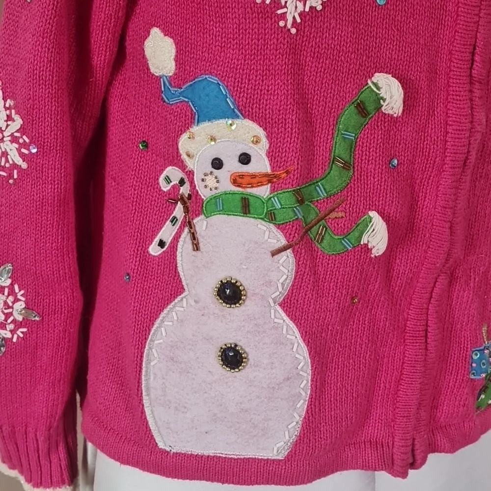 Christmas Ugly Pink Snowman Embellished Sweater Medium - Picture 3 of 14